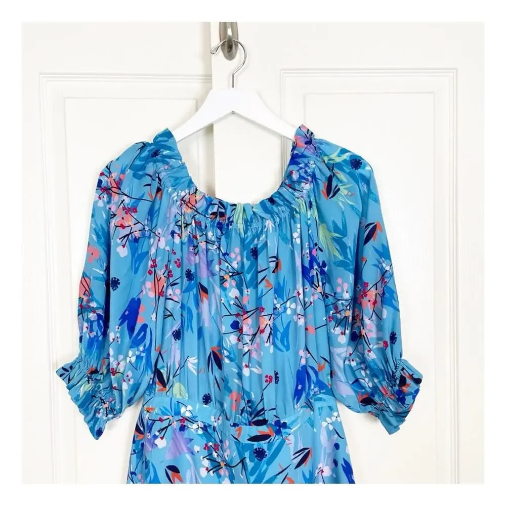 Saloni Grace Floral Blue Bell Off Shoulder Silk Dress Lined